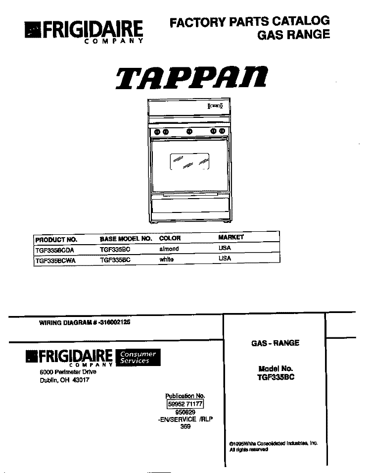 COVER Diagram and Parts List for TGF335BCWA  Tappan Range