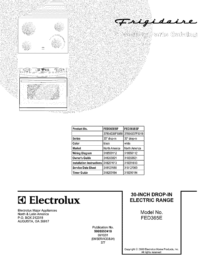 COVER Diagram and Parts List for FED365EBF  Frigidaire Range