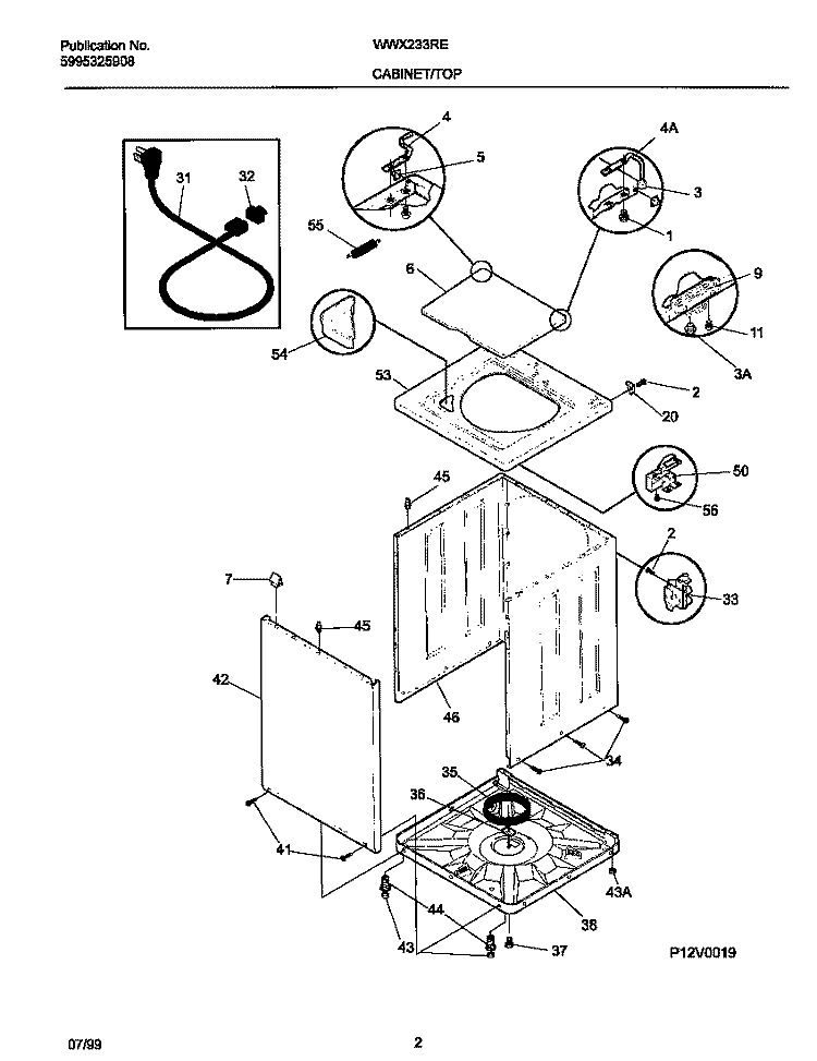 P12V0019 WSHR CAB, TOP Diagram and Parts List for WWX233RED0  Frigidaire Washer