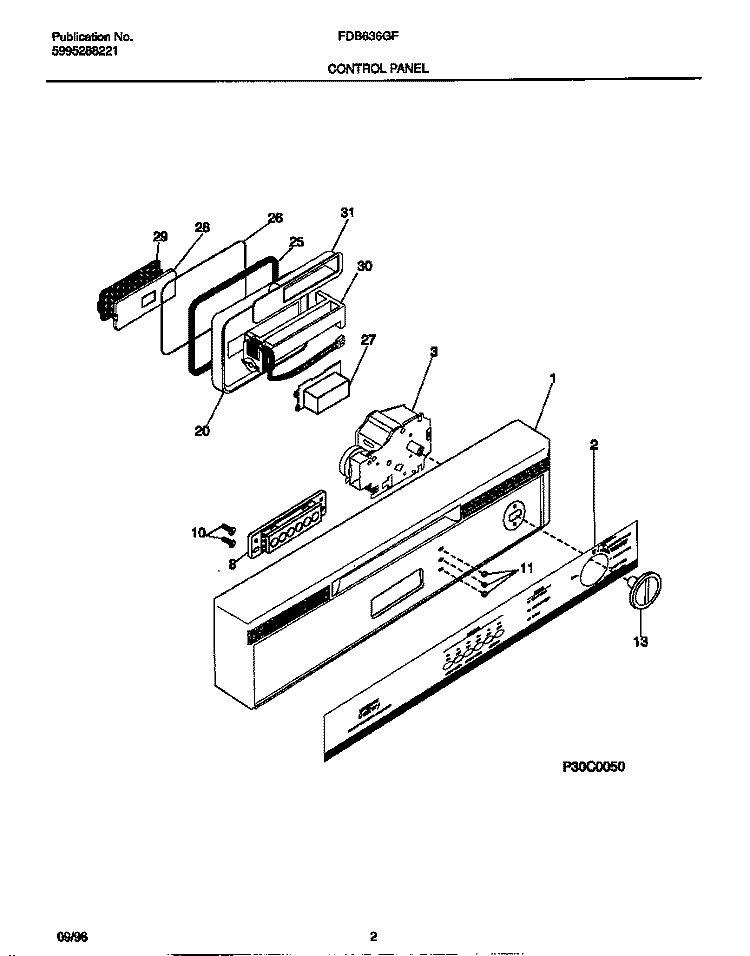 CONTROL PANEL Diagram and Parts List for FDB636GFR0  Frigidaire Dishwasher
