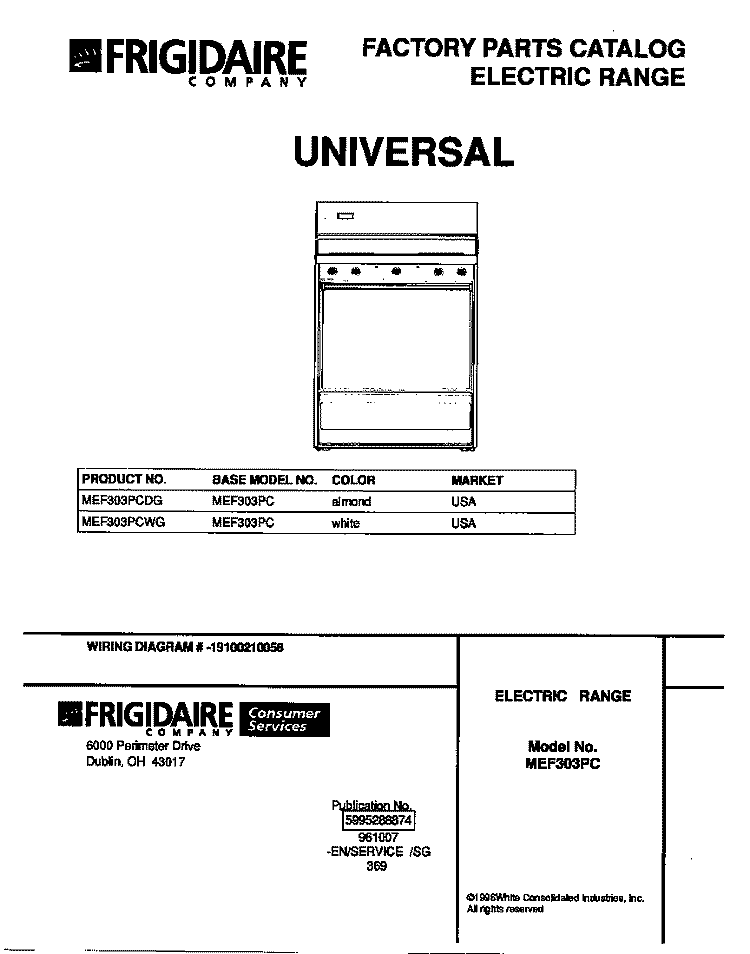 COVER Diagram and Parts List for MEF303PCWG  Frigidaire Range