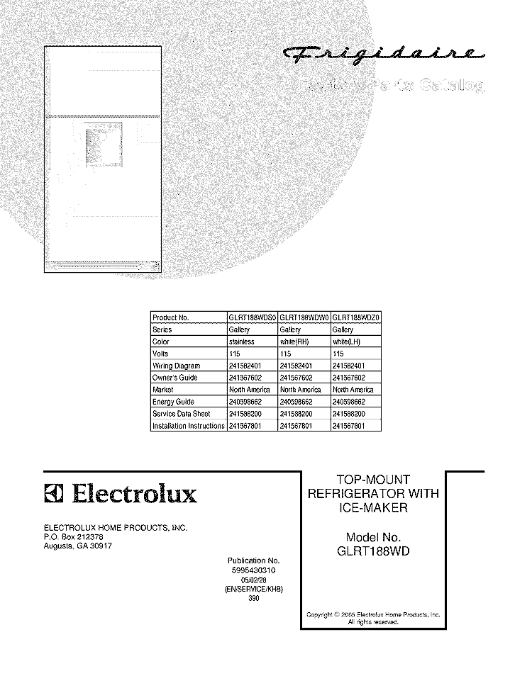 COVER Diagram and Parts List for GLRT188WDZ0  Frigidaire Refrigerator