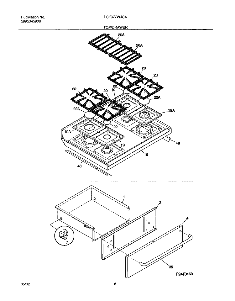 TOP / DRAWER Diagram and Parts List for TGF377WJCA  Tappan Range