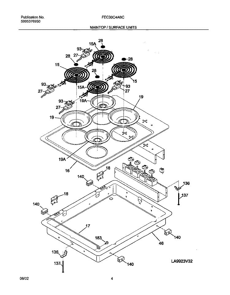 MAINTOP Diagram and Parts List for FEC30C4ABC  Frigidaire Cooktop