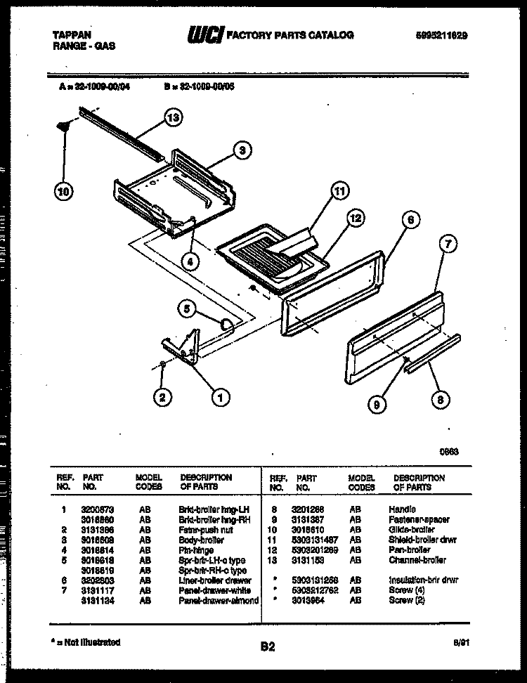 BROILER DRAWER PARTS Diagram and Parts List for 32-1009-00-05  Tappan Range