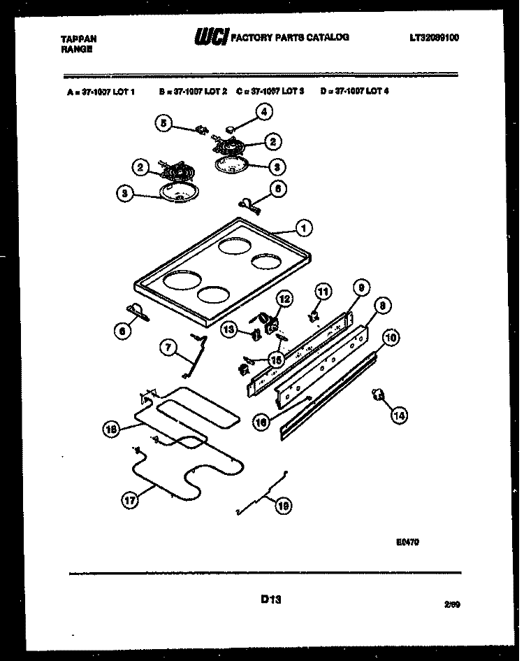 COOKTOP, BROILER AND BACKGUARD Diagram and Parts List for 37-1007-23-04  Tappan Range