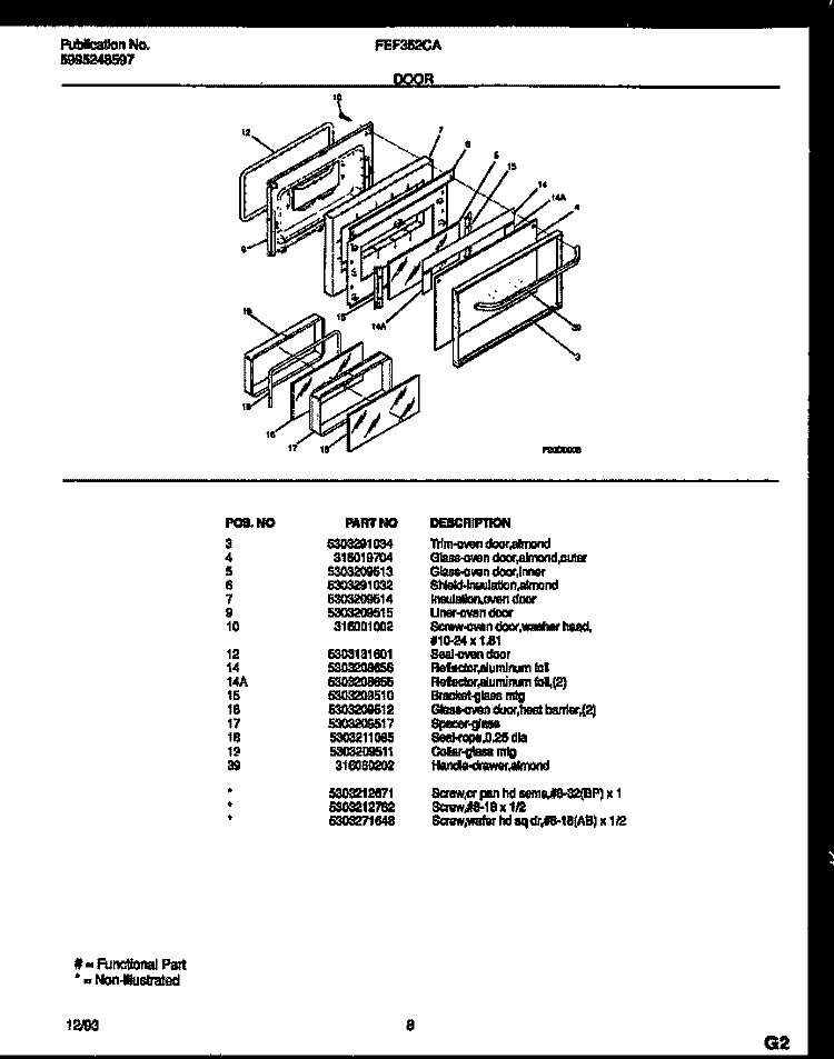 DOOR PARTS Diagram and Parts List for FEF352CATB  Frigidaire Range
