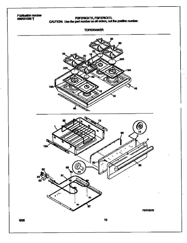 TOP / DRAWER Diagram and Parts List for FGF376CETL  Frigidaire Range