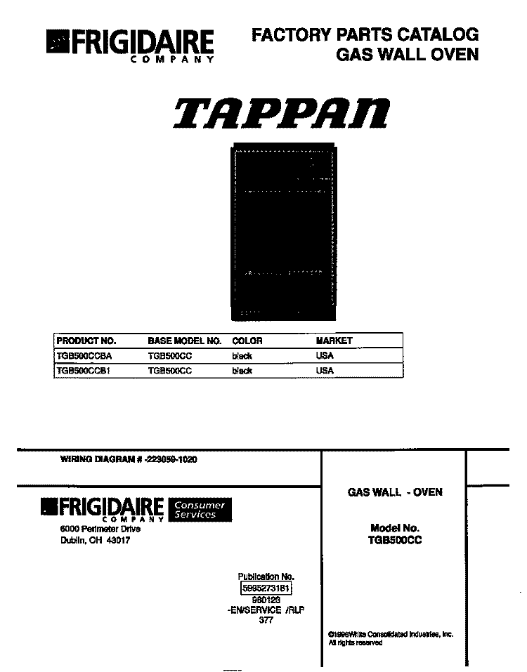 COVER Diagram and Parts List for TGB500CCB1  Tappan Wall Oven