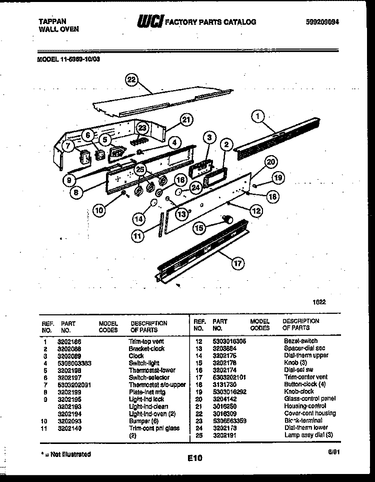 CONTROL PANEL Diagram and Parts List for 11-5969-00-03  Tappan Wall Oven