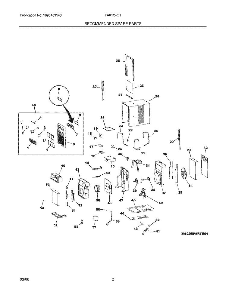 RECOMMENDED SPARE PARTS Diagram and Parts List for FAK124Q1V2  Frigidaire Air Conditioner