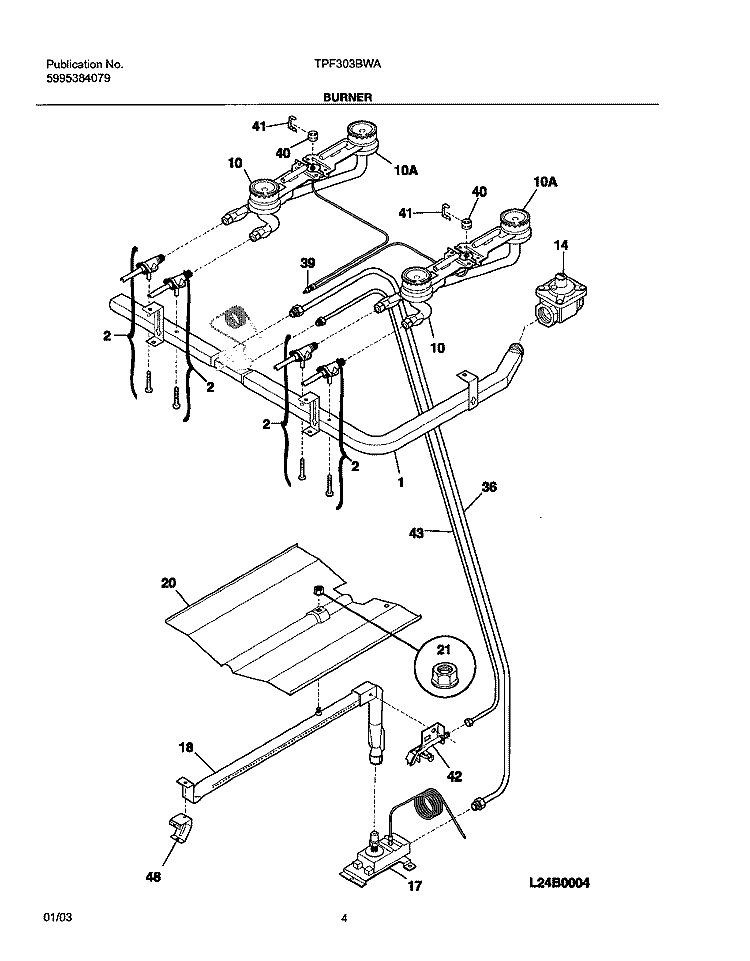 BURNER Diagram and Parts List for TPF303BWA  Tappan Range