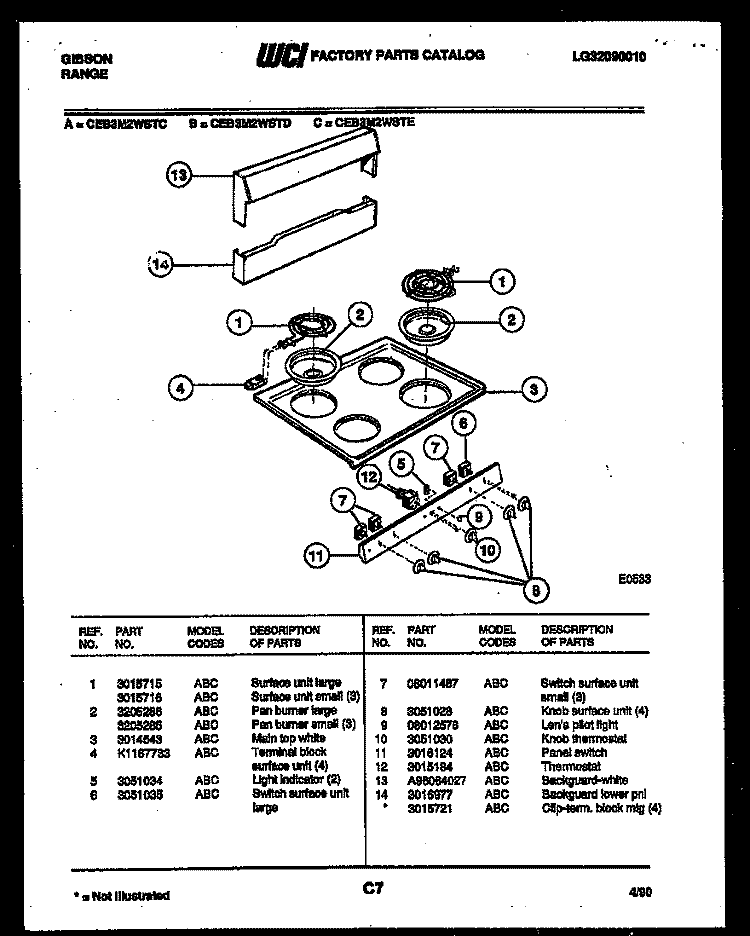 BACKGUARD AND COOKTOP PARTS Diagram and Parts List for CEB3M2WSTD  Gibson Range