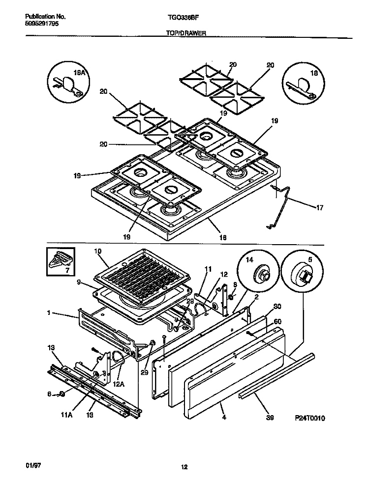 TOP / DRAWER Diagram and Parts List for TGO336BFDA  Tappan Range