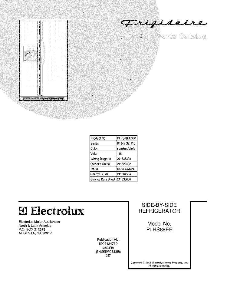 COVER Diagram and Parts List for PLHS68EESB1  Frigidaire Refrigerator