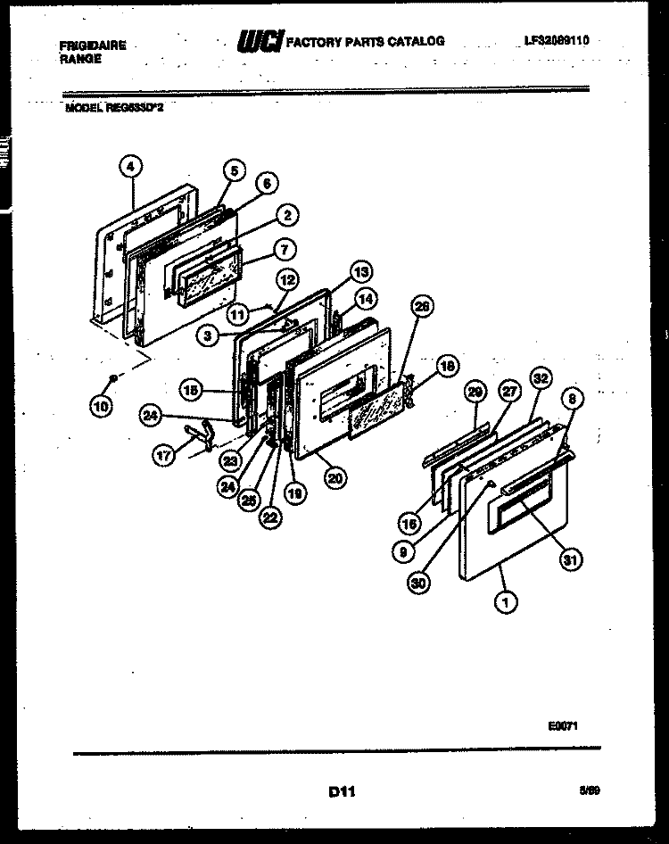 DOOR PARTS Diagram and Parts List for REG533D2  Frigidaire Range