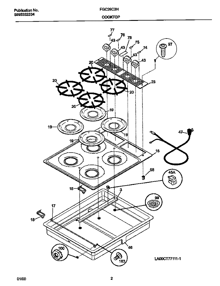 TOP Diagram and Parts List for FGC26C3HDA  Frigidaire Cooktop