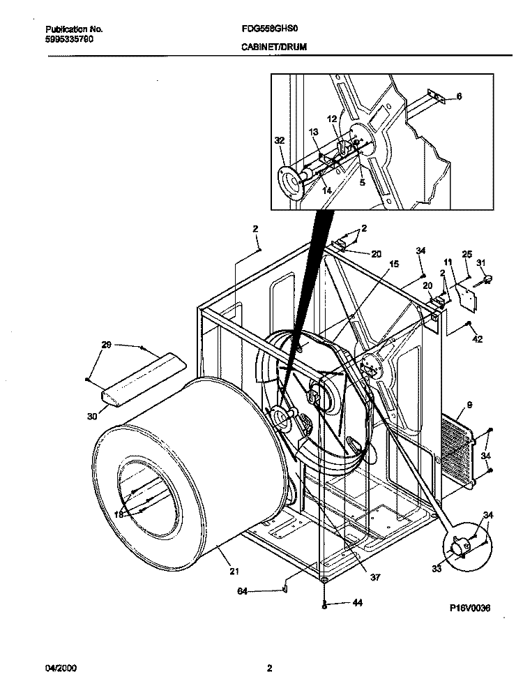 P16V0036 DRY CAB, HEATER Diagram and Parts List for FDG558GHS0  Frigidaire Dryer