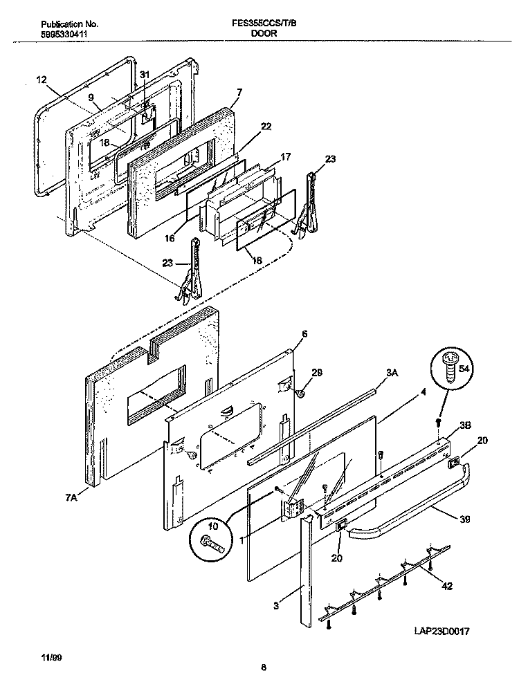 DOOR Diagram and Parts List for FES355CCSI  Frigidaire Range