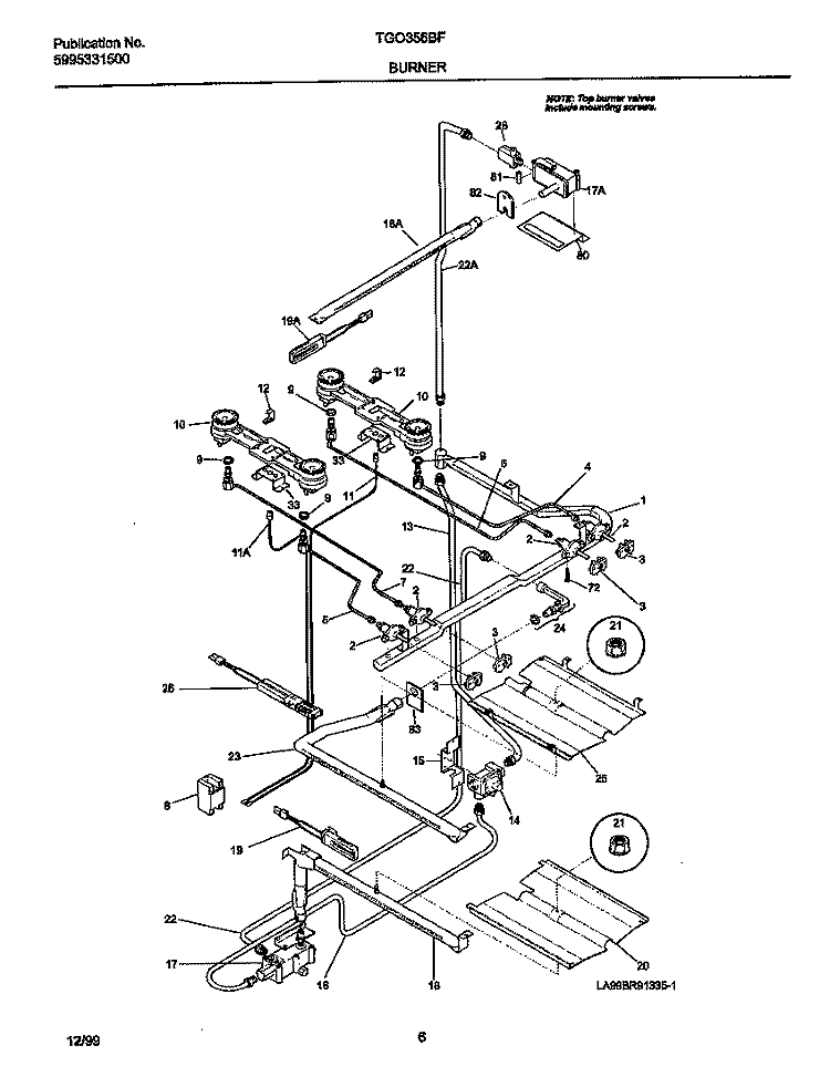 BURNER Diagram and Parts List for TGO356BHW2  Tappan Range