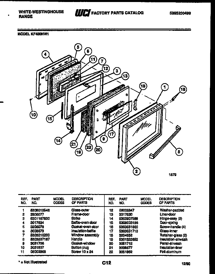 DOOR PARTS Diagram and Parts List for KF480NW1  Frigidaire Range