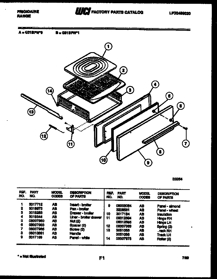 BROILER DRAWER PARTS Diagram and Parts List for G31BFW1  Frigidaire Range
