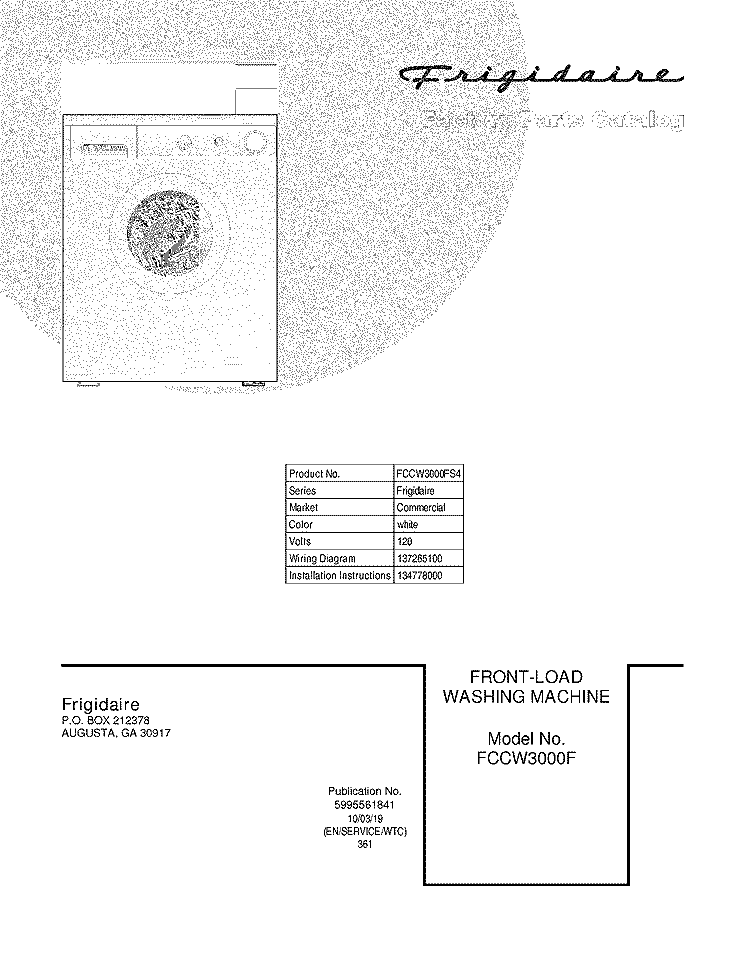 COVER Diagram and Parts List for FCCW3000FS4  Frigidaire Washer