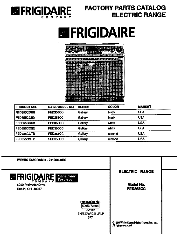 COVER Diagram and Parts List for FED355CCSB  Frigidaire Range