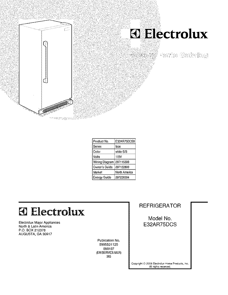 COVER Diagram and Parts List for E32AR75DCS0  Electrolux Refrigerator