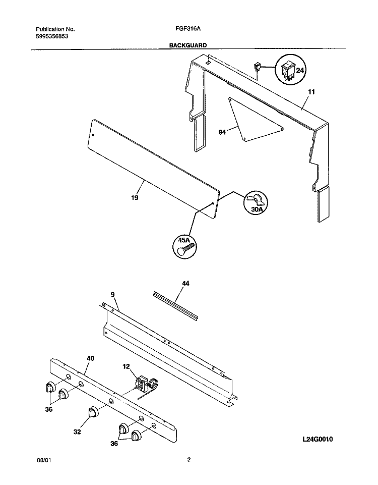 BACKGUARD Diagram and Parts List for FGF316AQA  Frigidaire Range