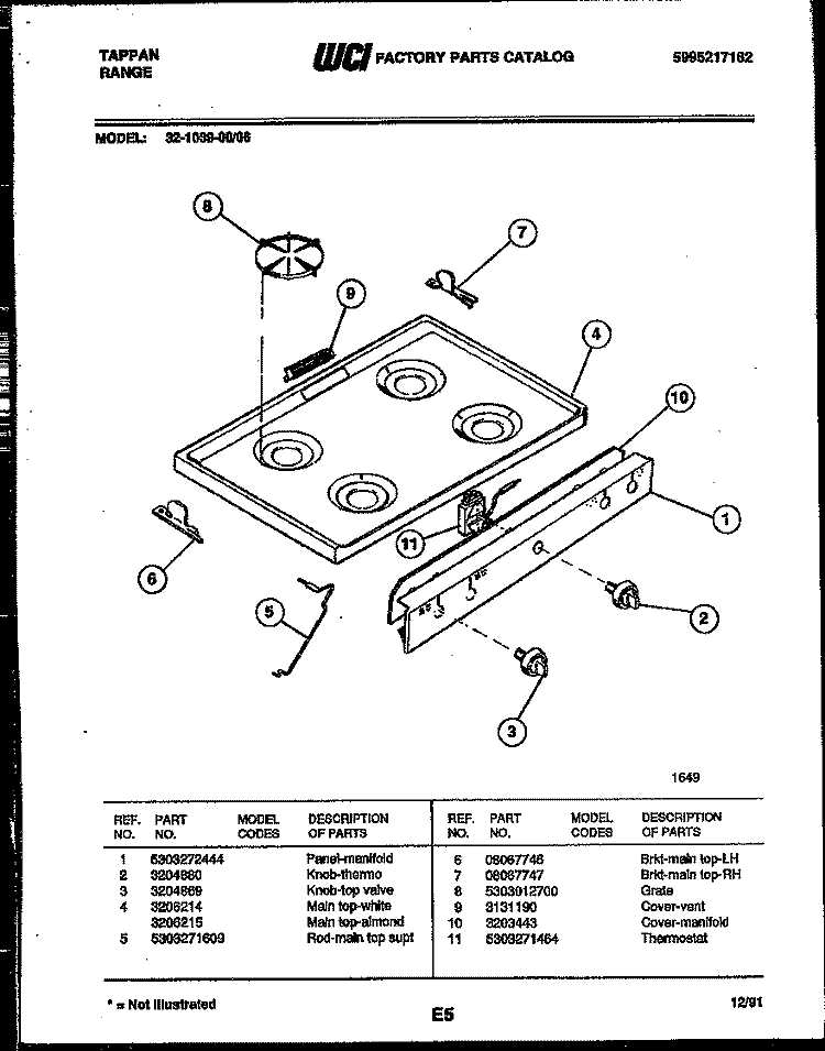 COOKTOP PARTS Diagram and Parts List for 32-1039-23-06  Tappan Range