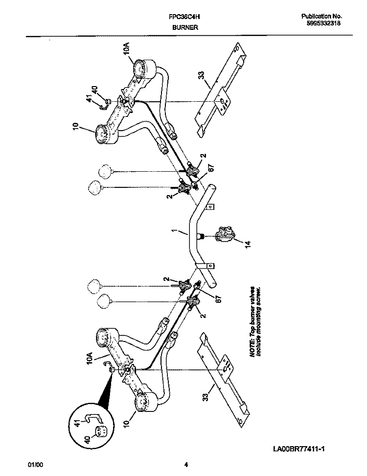 BURNER Diagram and Parts List for FPC36C4HWA  Frigidaire Cooktop
