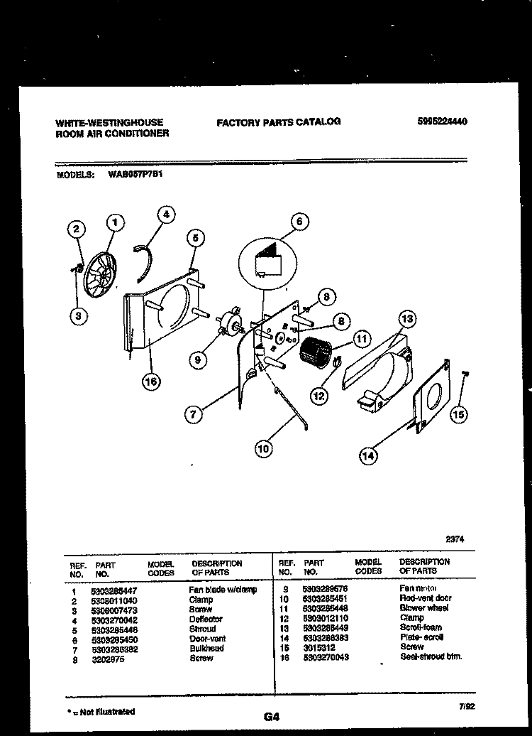 AIR HANDLING PARTS Diagram and Parts List for WAB057P7B1  Frigidaire Air Conditioner