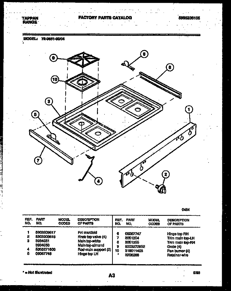 COOKTOP PARTS Diagram and Parts List for 72-3651-00-04  Tappan Range
