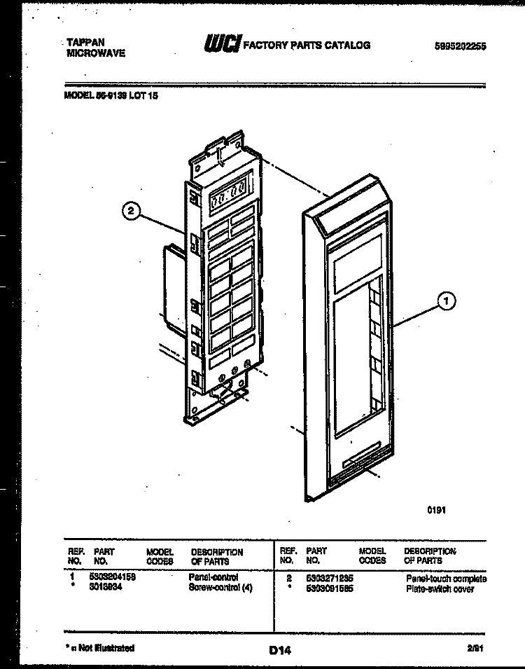 CONTROL PANEL Diagram and Parts List for 56-9139-10-15  Tappan Microwave