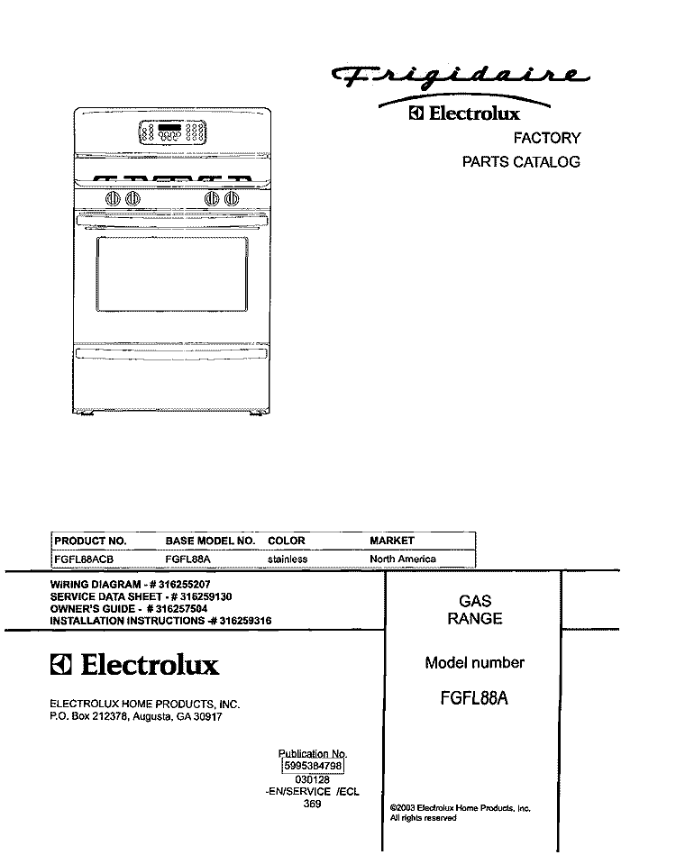 COVER Diagram and Parts List for FGFL88ACB  Frigidaire Range