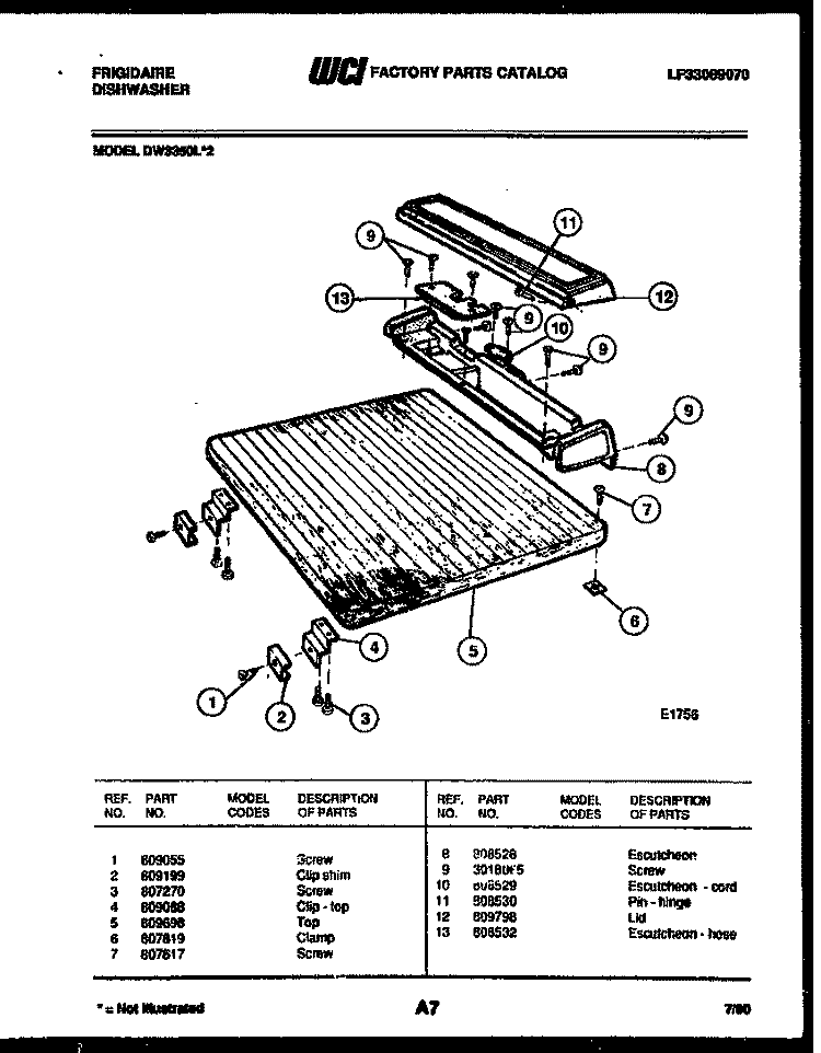 TOP AND MISCELLANEOUS PARTS Diagram and Parts List for DW3350LW2  Frigidaire Dishwasher