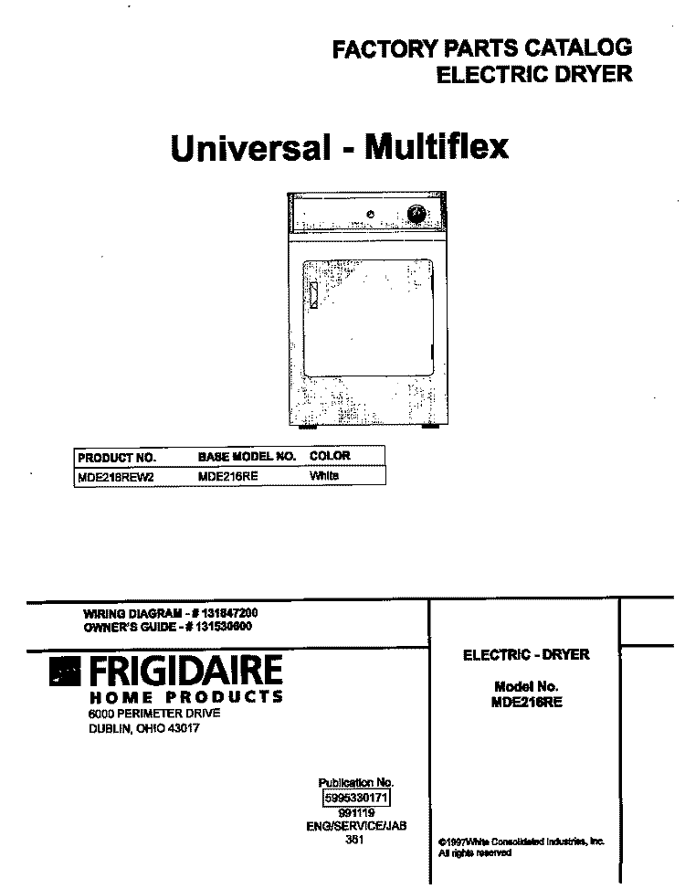 COVER Diagram and Parts List for MDE216REW2  Frigidaire Dryer