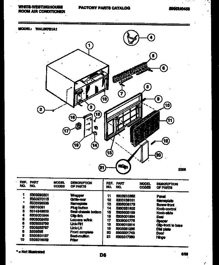 CABINET PARTS Diagram and Parts List for WAL087S1A1  Frigidaire Air Conditioner