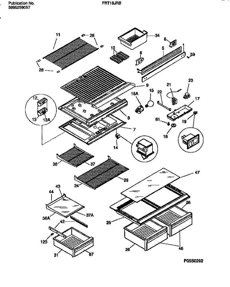 SHELVES, CONTROLS, DIVIDER, MULLION Diagram and Parts List for FRT18JRBW1  Frigidaire Refrigerator