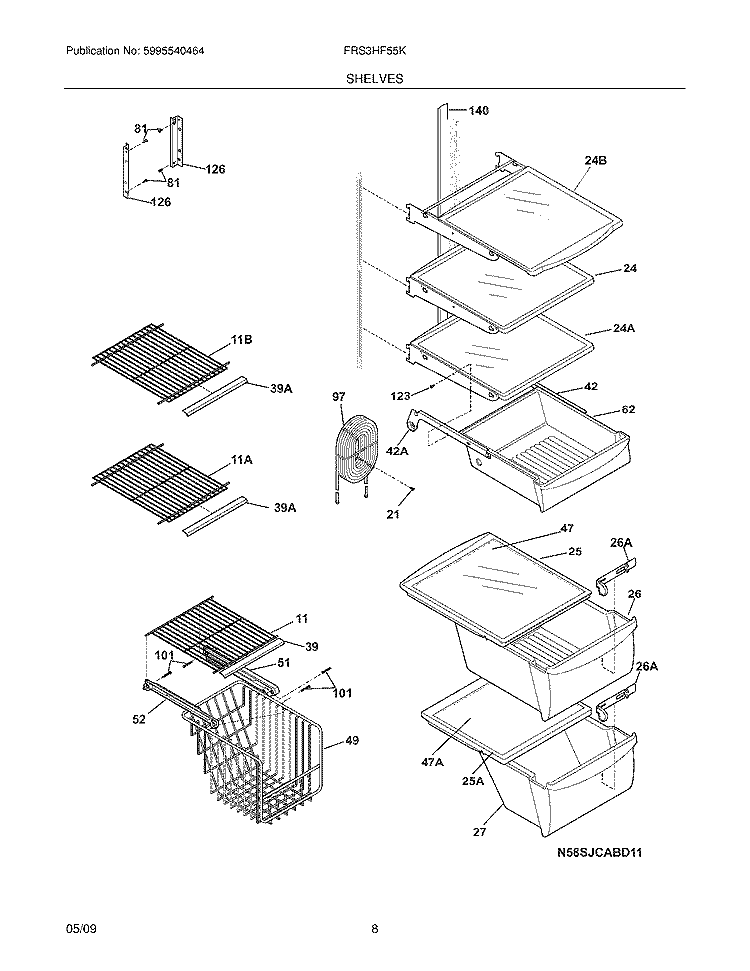 SHELVES Diagram and Parts List for FRS3HF55KB0  Frigidaire Refrigerator