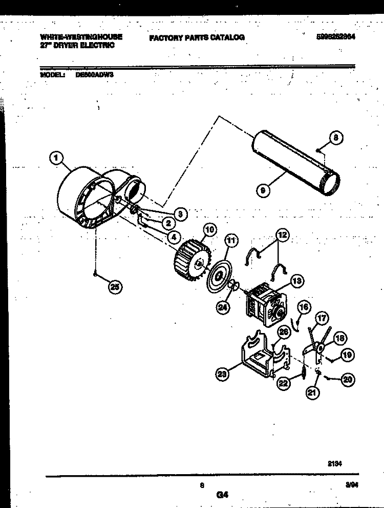BLOWER AND DRIVE PARTS Diagram and Parts List for DE600ADD3  Frigidaire Dryer
