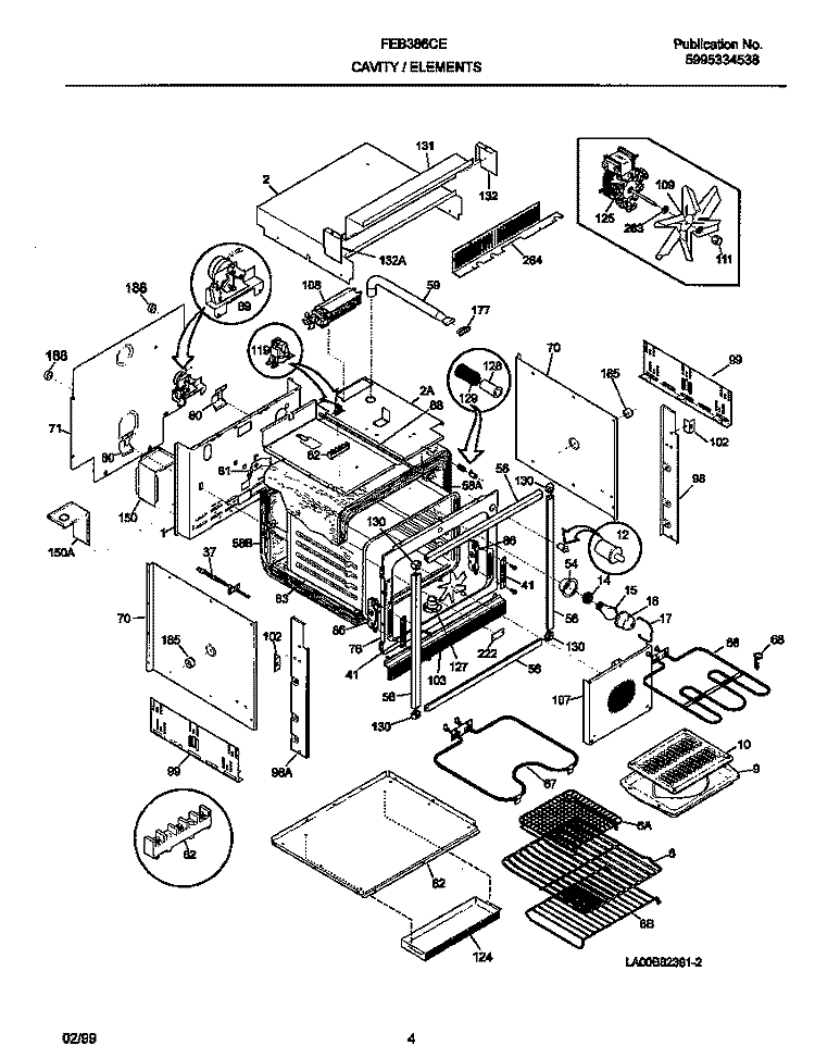 CAVITY / ELEMENTS Diagram and Parts List for FEB386CEBH  Frigidaire Wall Oven