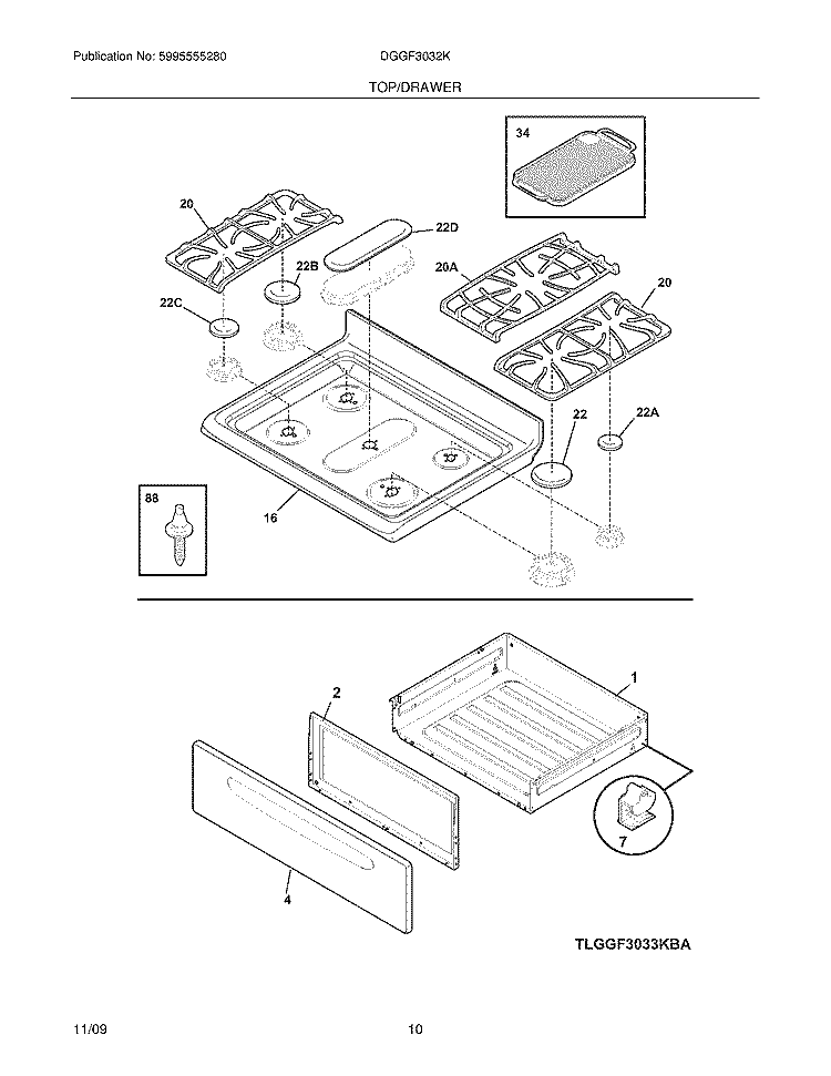 TOP/DRAWER Diagram and Parts List for DGGF3032KWC  Frigidaire Range