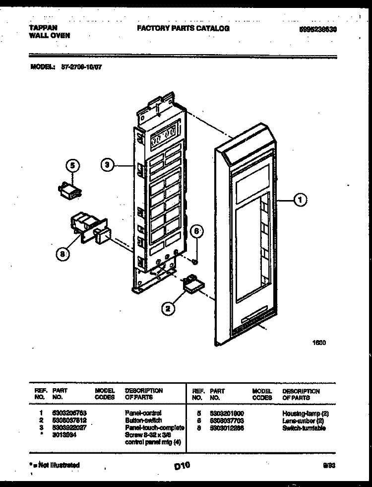 CONTROL PANEL Diagram and Parts List for 57-2709-00-07  Tappan Microwave Oven Combo