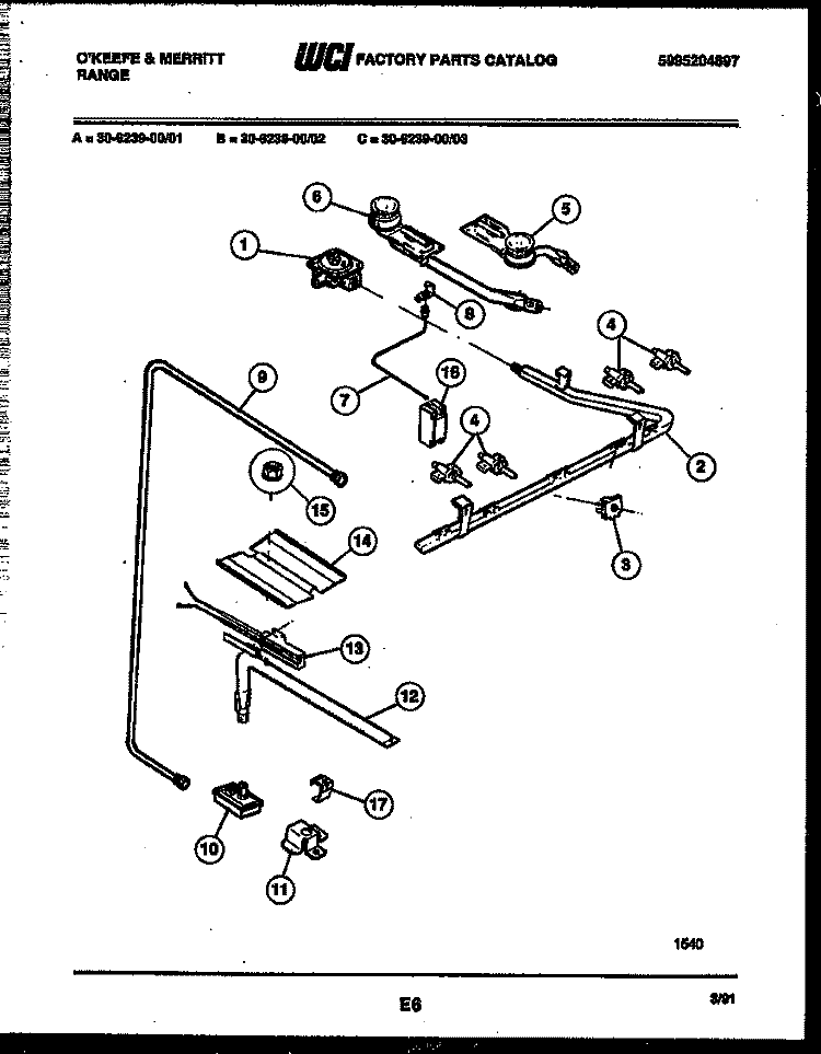 BURNER, MANIFOLD AND GAS CONTROL Diagram and Parts List for 30-6239-00-02  Tappan Range