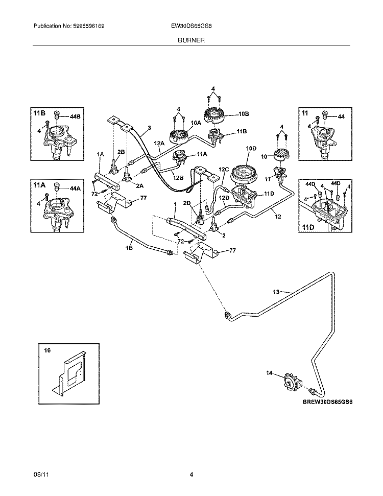 BURNER Diagram and Parts List for EW30DS65GS8  Electrolux Range