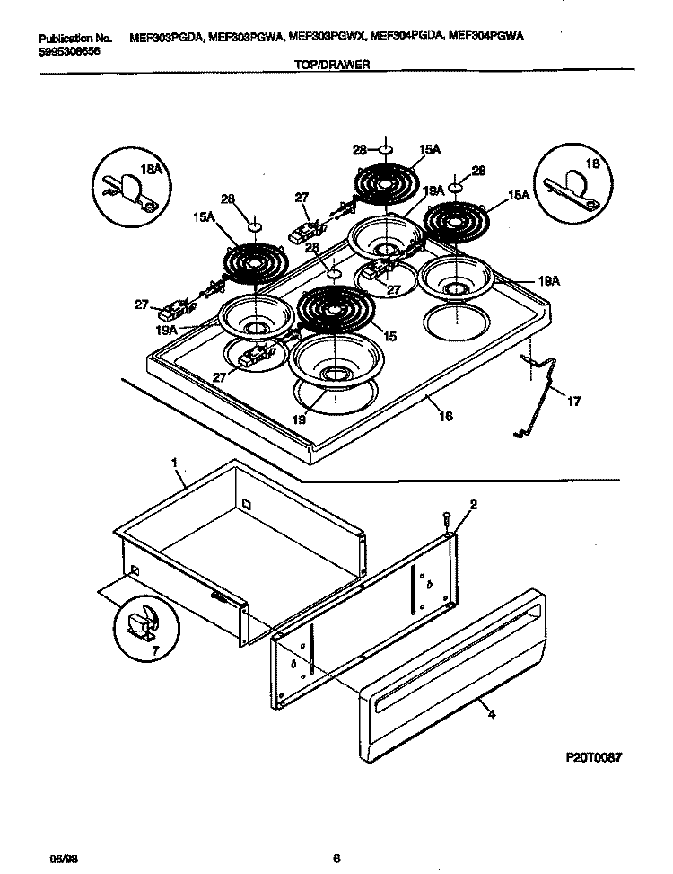 TOP / DRAWER Diagram and Parts List for MEF303PGWA  Uni Range