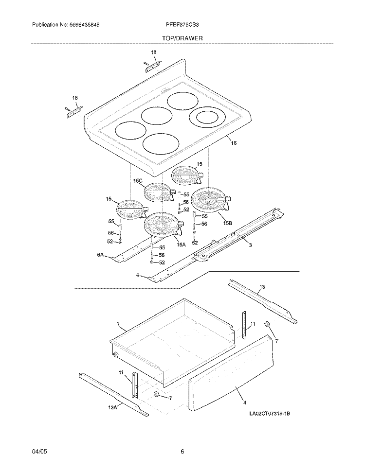 TOP / DRAWER Diagram and Parts List for PFEF375CS3  Frigidaire Range