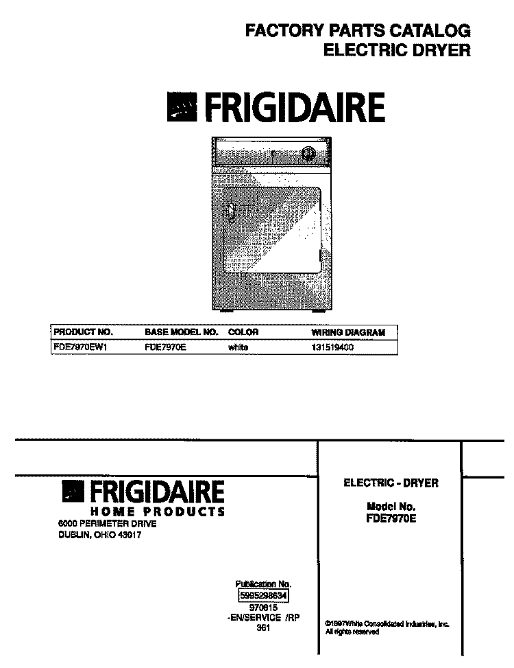 COVER Diagram and Parts List for FDE7970EW1  Frigidaire Dryer
